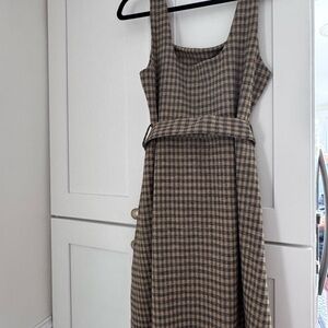 Topshop Black & Mustard Plaid Belted Pinafore. Fit & Flare Mini Dress.